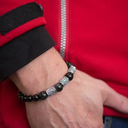 vkngjewelry Bracelet Viking Bracelet with Black Obsidian and Agate, Engraved with Ancient Runes