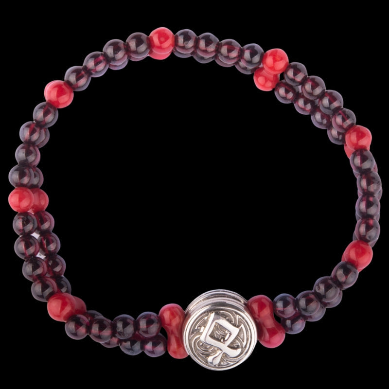 vkngjewelry Bracelet Viking Bracelet with Coral and Garnet, Featuring Rune of Strength