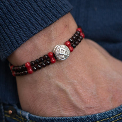 vkngjewelry Bracelet Viking Bracelet with Coral and Garnet, Featuring Rune of Strength