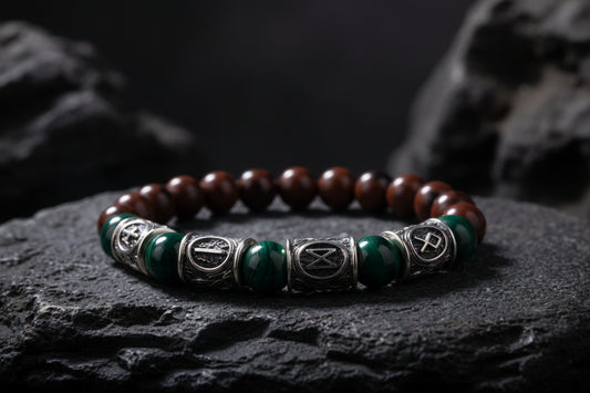 vkngjewelry Bracelet Viking Bracelet with Malachite and Red Obsidian, Engraved Runes of Odin