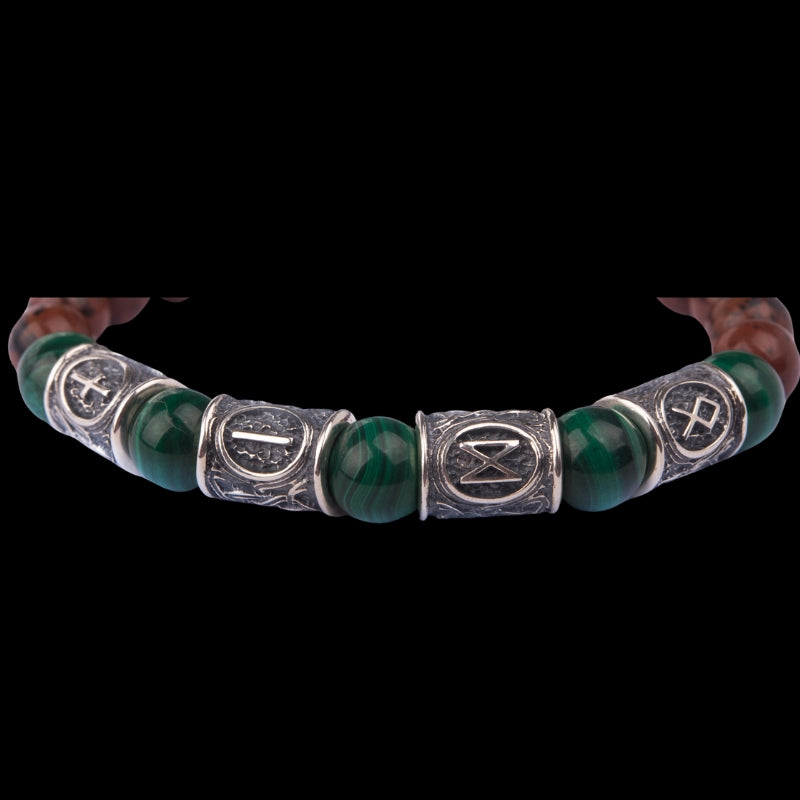 vkngjewelry Bracelet Viking Bracelet with Malachite and Red Obsidian, Engraved Runes of Odin