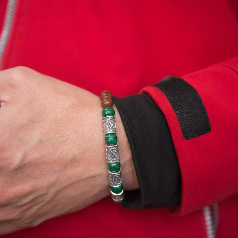 vkngjewelry Bracelet Viking Bracelet with Malachite and Red Obsidian, Engraved Runes of Odin