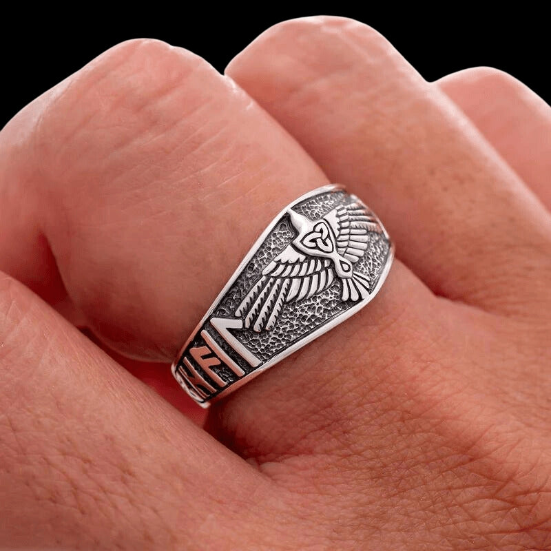 vkngjewelry Bagues Raven With Heil Odin Runic Script Ring 925 Sterling Silver