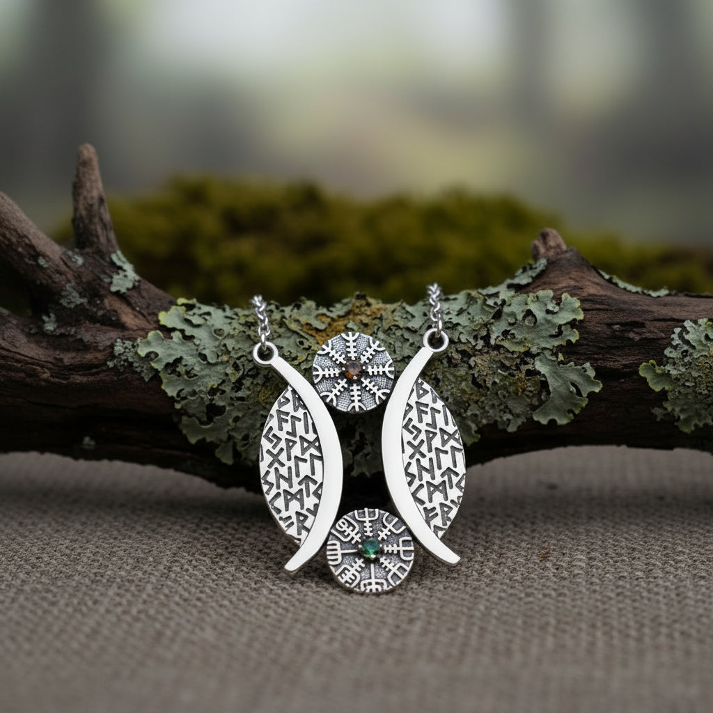 vkngjewelry Pendant Viking Rune Arc Silver Pendant with Helm of Awe & Vegvisir