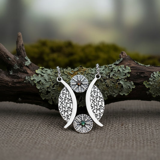 vkngjewelry Pendant Viking Rune Arc Silver Pendant with Helm of Awe & Vegvisir