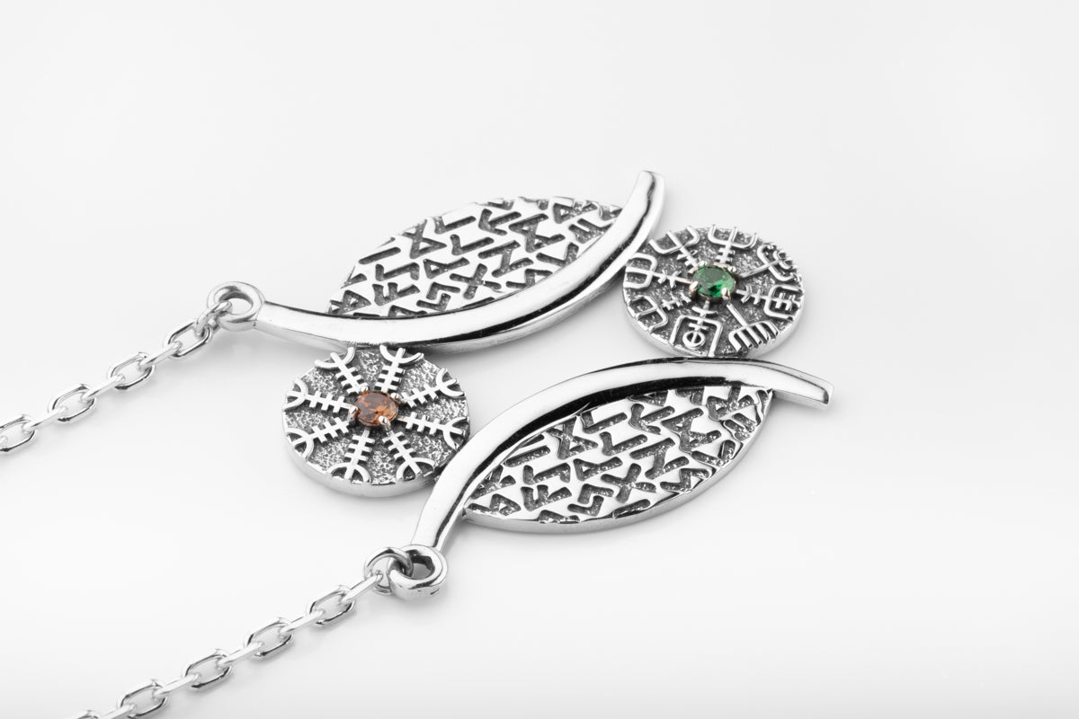 vkngjewelry Pendant Viking Rune Arc Silver Pendant with Helm of Awe & Vegvisir