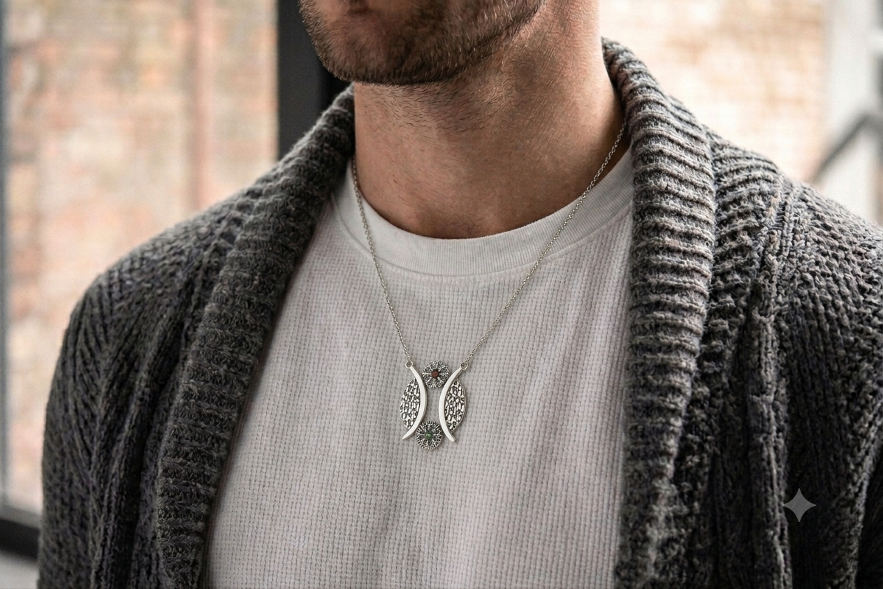 vkngjewelry Pendant Viking Rune Arc Silver Pendant with Helm of Awe & Vegvisir