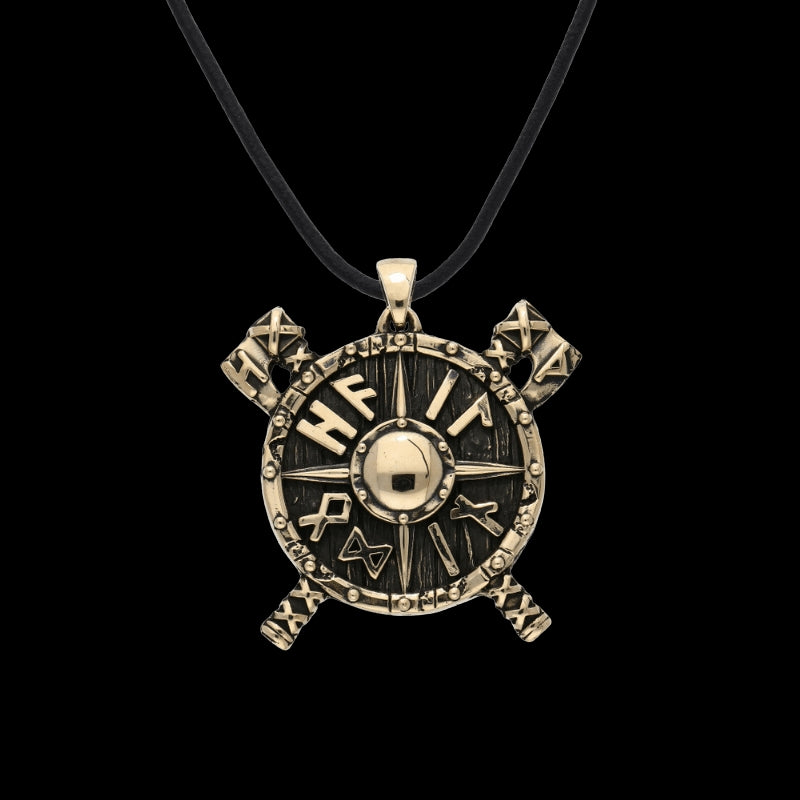 vkngjewelry Pendant Handcrafted Viking Shield Axes and Runes Bronze Pendant