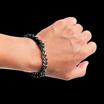 vkngjewelry Bracelet Viking Wolf With Black Onyx Beads Bracelet