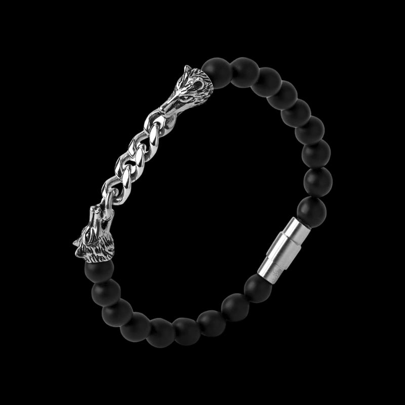 vkngjewelry Bracelet Viking Wolf With Black Onyx Beads Bracelet