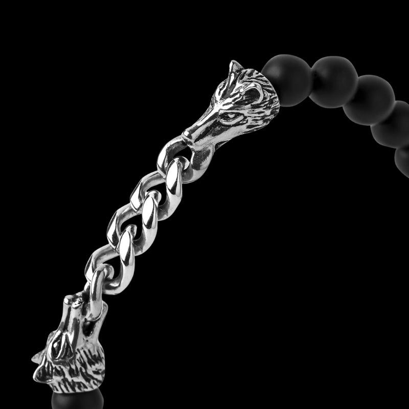 vkngjewelry Bracelet Viking Wolf With Black Onyx Beads Bracelet