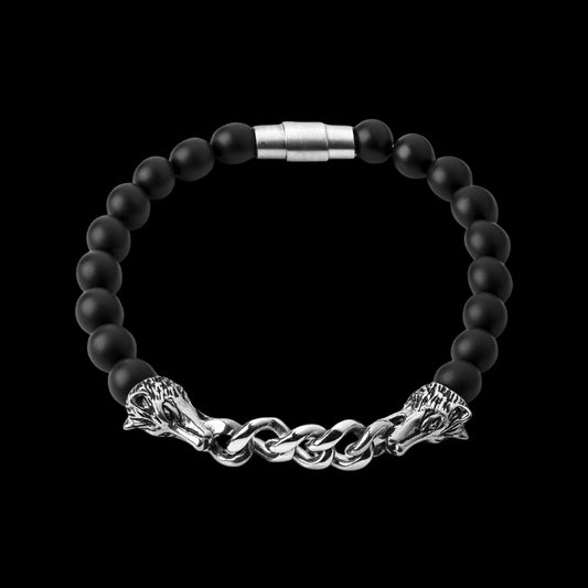 vkngjewelry Bracelet Viking Wolf With Black Onyx Beads Bracelet