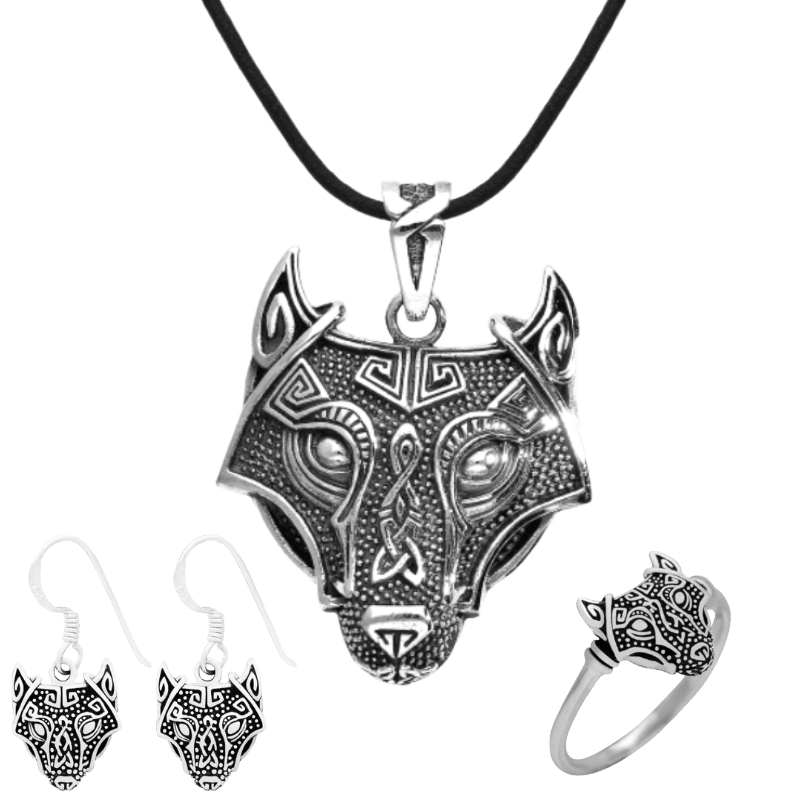 vkngjewelry bijoux Women's jewellery Wolf Set Pendant, Earrings and Ring