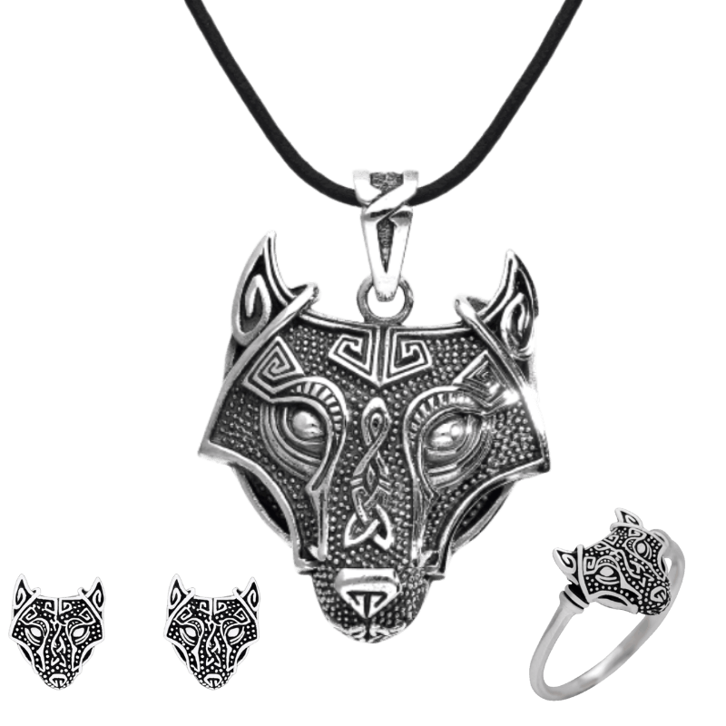 vkngjewelry bijoux Women's jewellery Wolf Set Pendant, Earrings and Ring