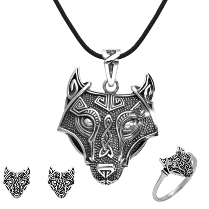 vkngjewelry bijoux Women's jewellery Wolf Set Pendant, Earrings and Ring