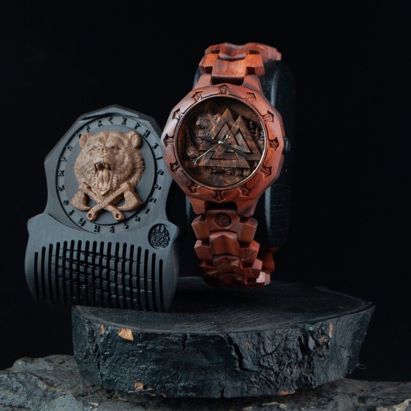 vkngjewelry Watches Valknut and Bear Viking Wooden Watch