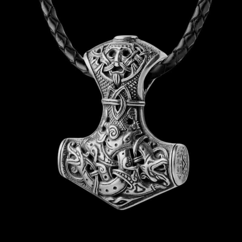 vkngjewelry Pendant Mjolnir Size Extra Large Thor’s Hammer Sterling Silver Pendant + Braided leather cord