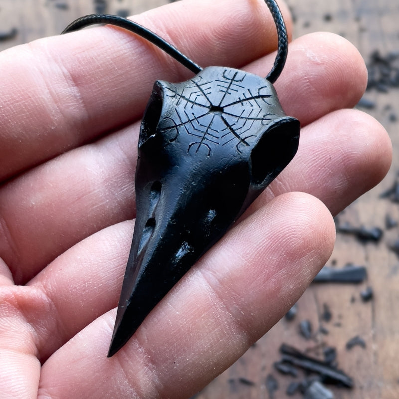 vkngjewelry Pendant Handcarved Unique Walnut Wood Raven's Skull With Helm OF Awe Pendant  - Ebony wood