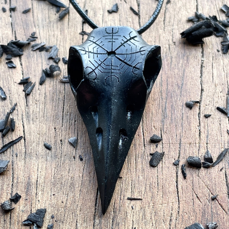 vkngjewelry Pendant Handcarved Unique Walnut Wood Raven's Skull With Helm OF Awe Pendant  - Ebony wood
