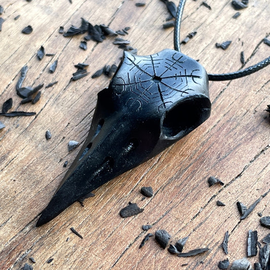 vkngjewelry Pendant Handcarved Unique Walnut Wood Raven's Skull With Helm OF Awe Pendant  - Ebony wood