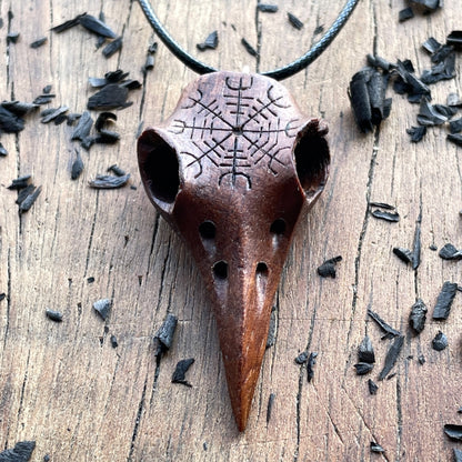 vkngjewelry Pendant Handcarved Unique Walnut Wood Raven's Skull With Helm OF Awe Pendant
