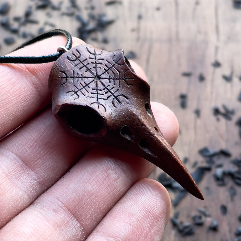 vkngjewelry Pendant Handcarved Unique Walnut Wood Raven's Skull With Helm OF Awe Pendant