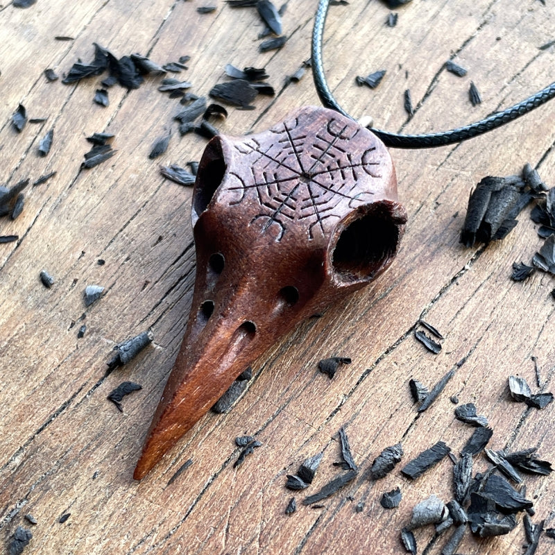 vkngjewelry Pendant Handcarved Unique Walnut Wood Raven's Skull With Helm OF Awe Pendant