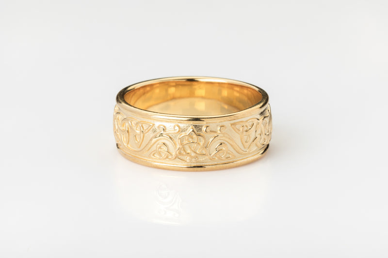 vkngjewelry Ring Wide Gold Celtic Pattern Band, Handcrafted Viking Statement Ring