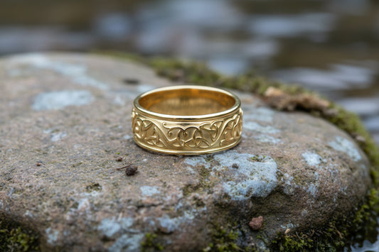 vkngjewelry Ring Wide Yellow Gold Celtic Knot Ring, Handcrafted Pagan Wedding Jewelry