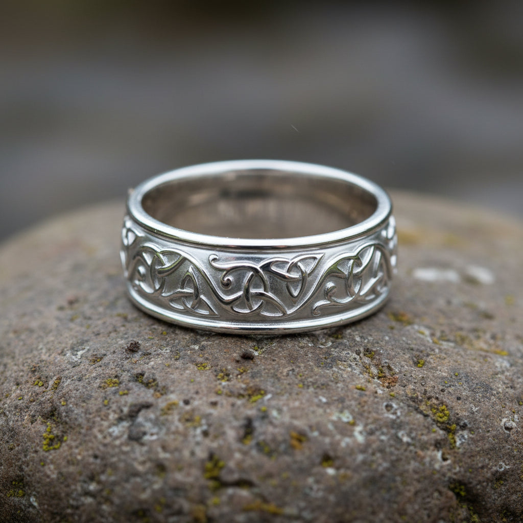 vkngjewelry Ring Wide Yellow Gold Celtic Knot Ring, Handcrafted Pagan Wedding Jewelry