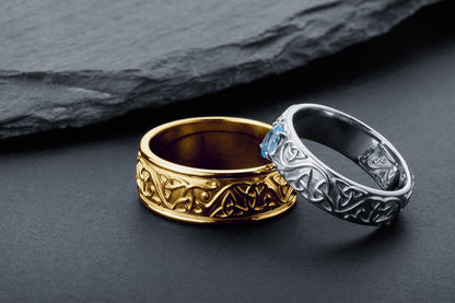 vkngjewelry Ring Wide Yellow Gold Celtic Knot Ring, Handcrafted Pagan Wedding Jewelry