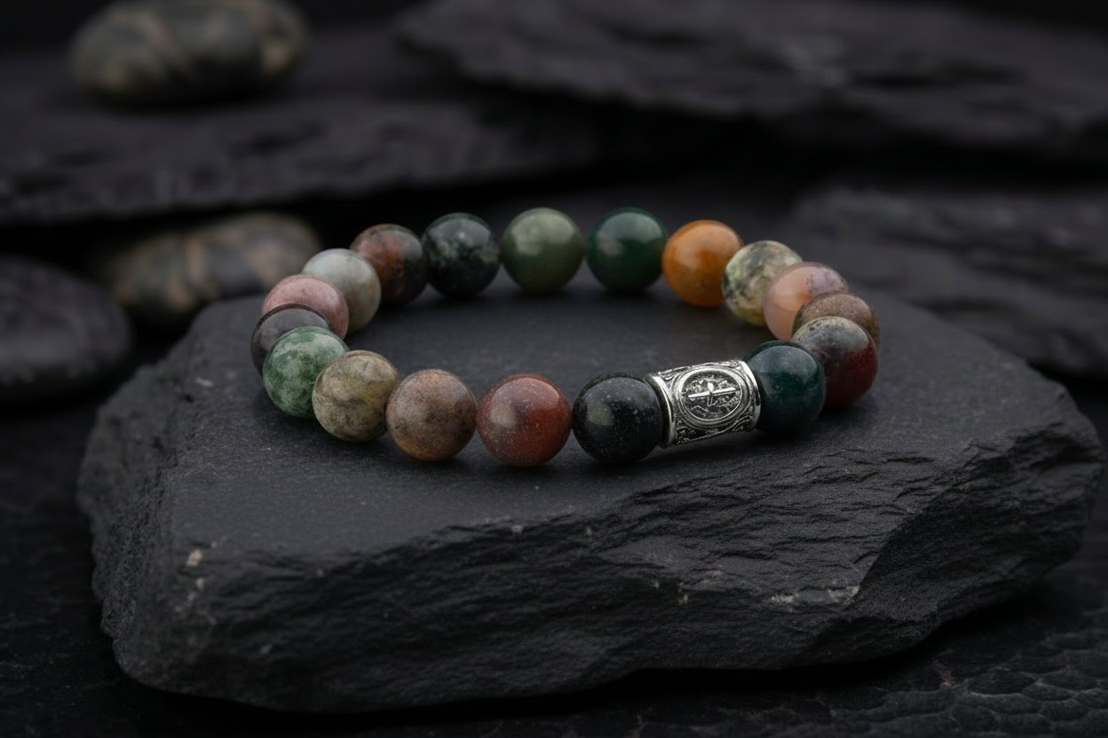 Natural Indian Agate Gemstone Bracelet with Sterling Silver Bead