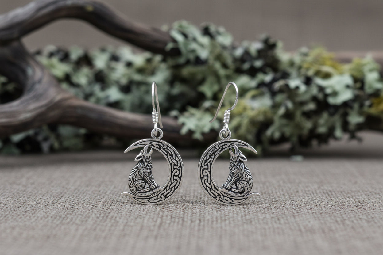 vkngjewelry Earrings Wolf on Crescent Moon  925 Sterling Silver Earrings