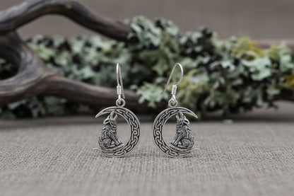 vkngjewelry Earrings Wolf on Crescent Moon  925 Sterling Silver Earrings