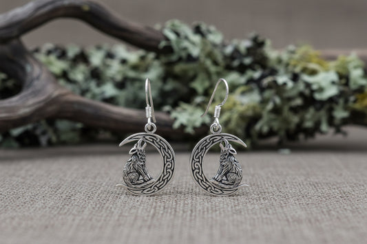 vkngjewelry Earrings Wolf on Crescent Moon  925 Sterling Silver Earrings