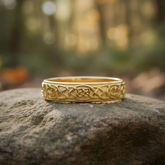 vkngjewelry Ring Yellow Gold Celtic Knot Band, Traditional Handcrafted Norse Jewelry