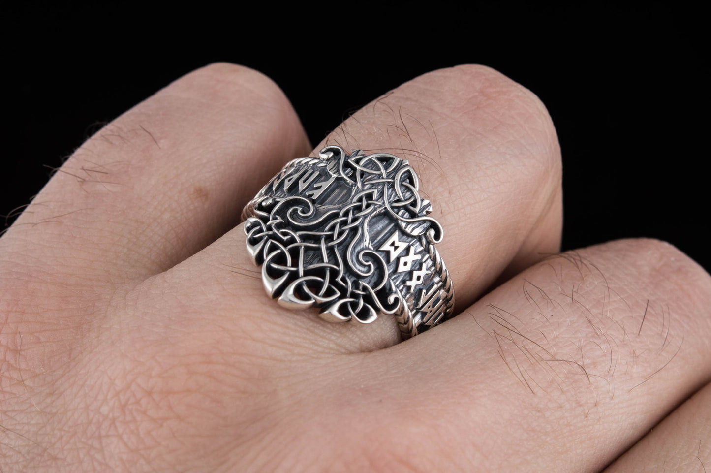vkngjewelry Ring Handcrafted Yggdrasil Symbol Norse Runes Sterling Silver Ring