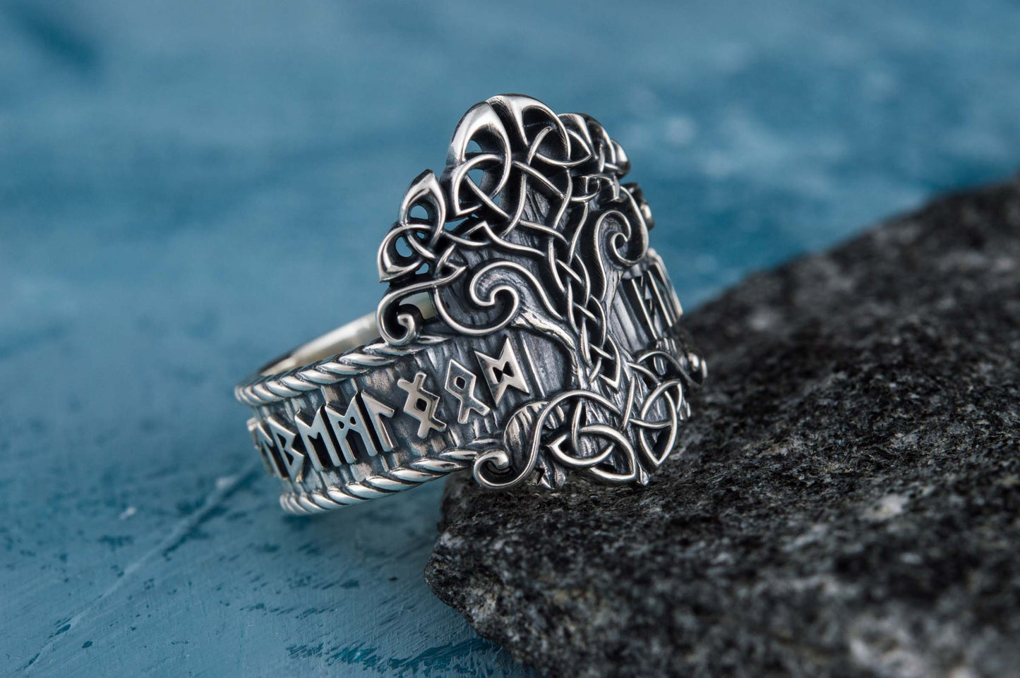 vkngjewelry Ring Handcrafted Yggdrasil Symbol Norse Runes Sterling Silver Ring