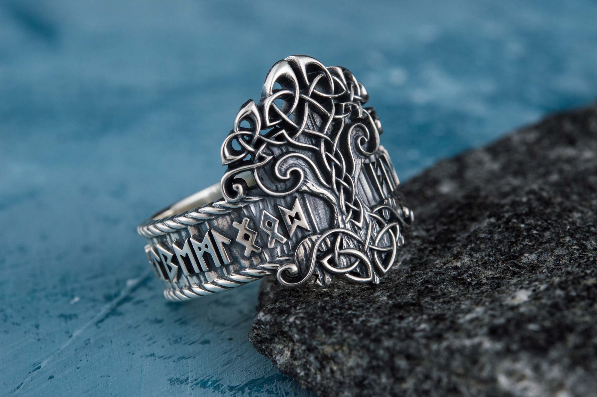 vkngjewelry Ring Handcrafted Yggdrasil Symbol Norse Runes Sterling Silver Ring