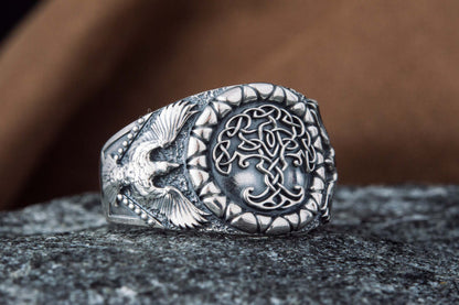 vkngjewelry Ring Handcrafted Yggdrasil Symbol Raven Sterling Silver Ring