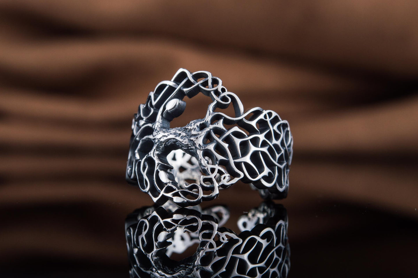 vkngjewelry Ring Handcrafted Yggdrasil with Ornament Sterling Silver Ring