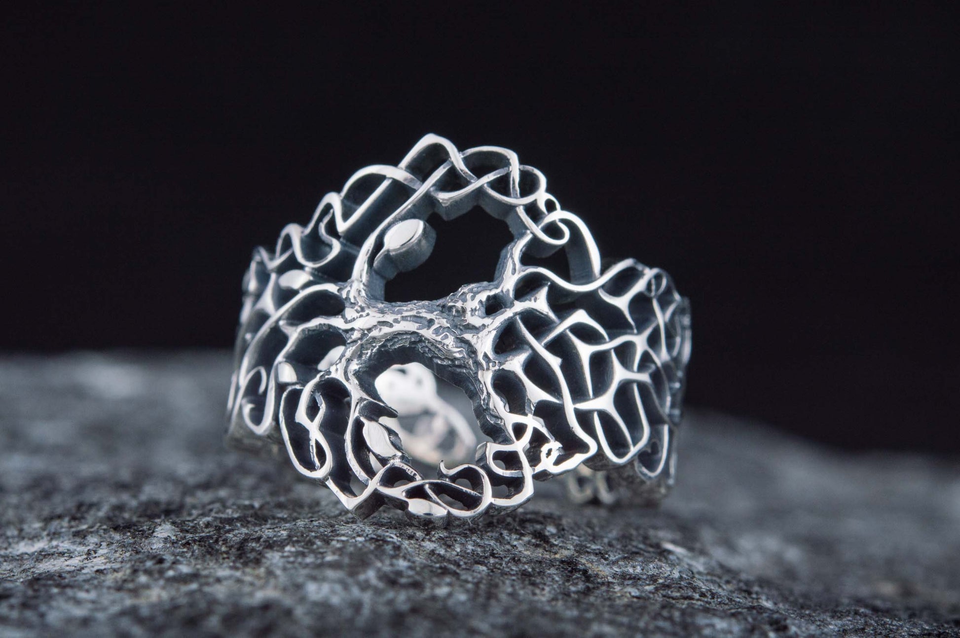 vkngjewelry Ring Handcrafted Yggdrasil with Ornament Sterling Silver Ring