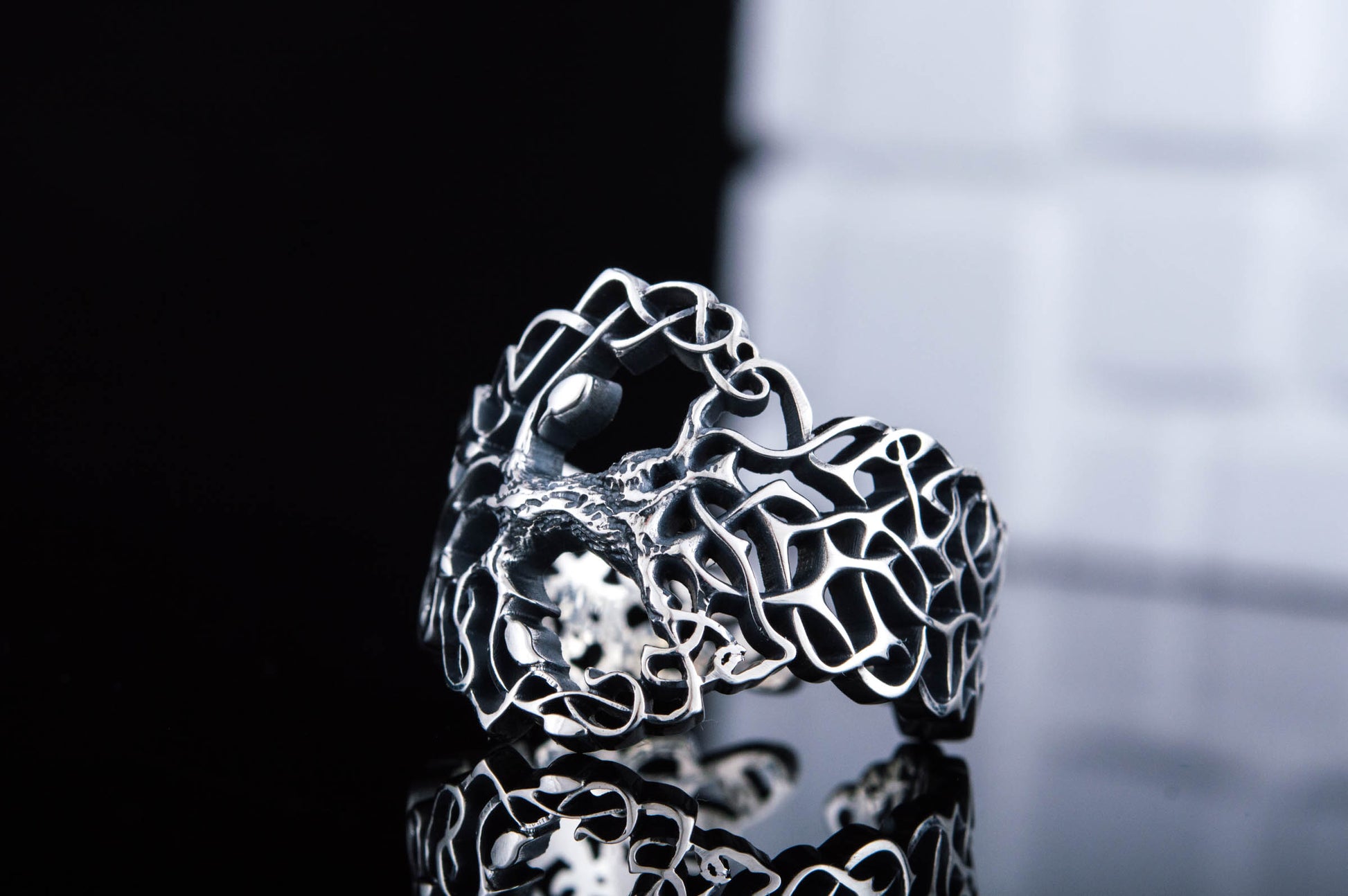 vkngjewelry Ring Handcrafted Yggdrasil with Ornament Sterling Silver Ring
