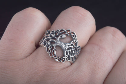 vkngjewelry Ring Handcrafted Yggdrasil with Ornament Sterling Silver Ring