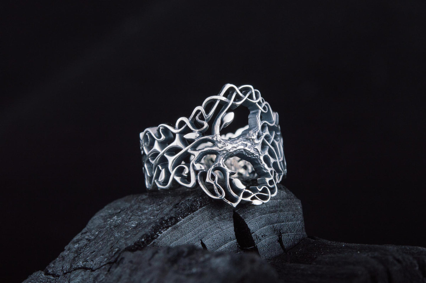 vkngjewelry Ring Handcrafted Yggdrasil with Ornament Sterling Silver Ring