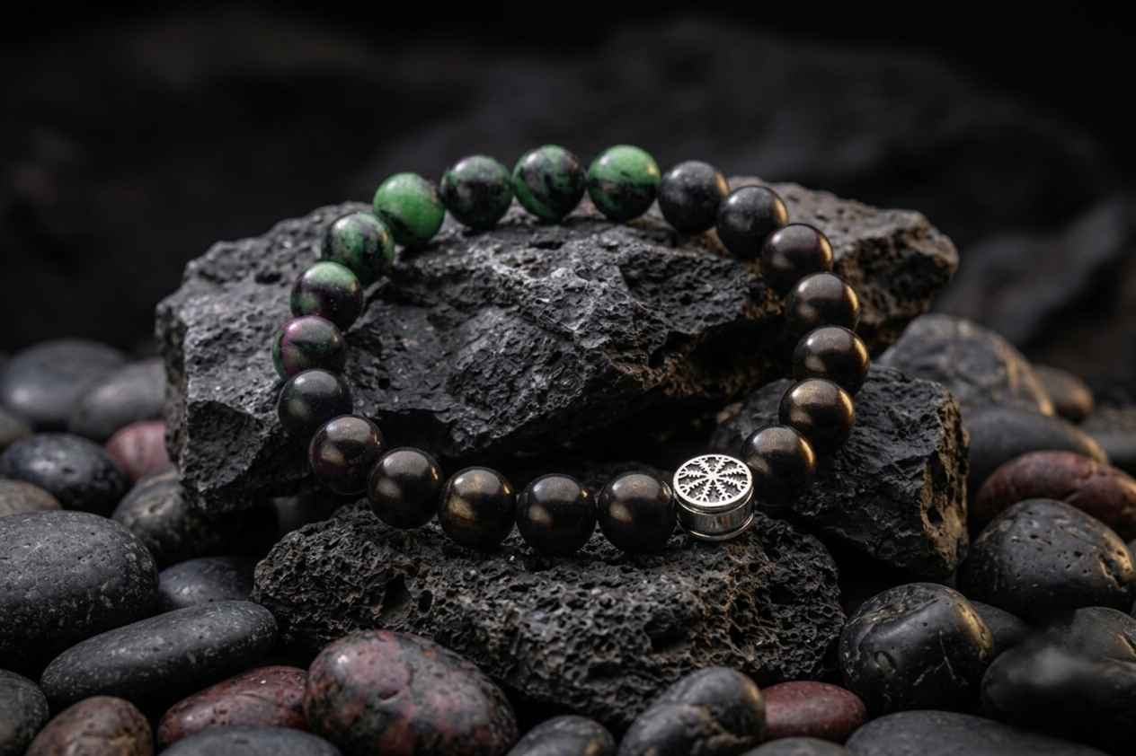 vkngjewelry Bracelet Zoisite and Shungite Viking Bracelet with Double-Sided Helm of Awe